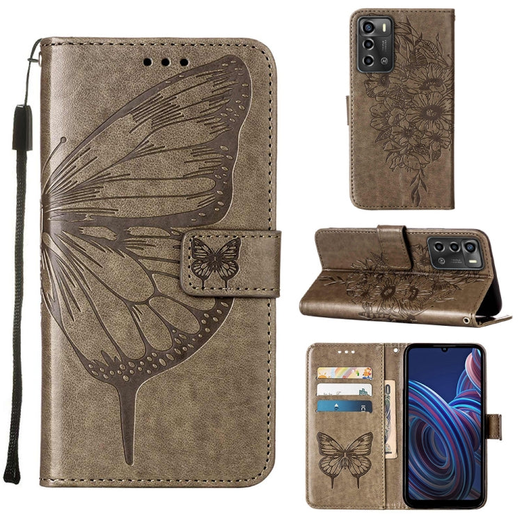 Embossed butterfly flip leather phone case with wallet card slots, tan