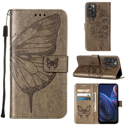 Embossed butterfly flip leather phone case with wallet card slots, tan