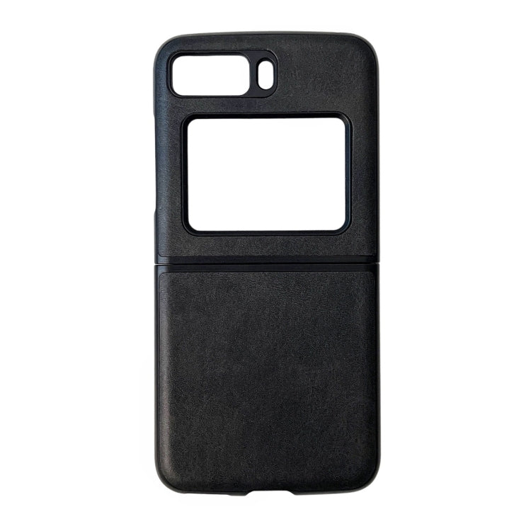 Two-tone leather phone case, black cowhide texture with window cutouts and side slot.