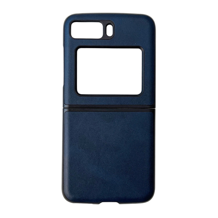 Two-tone leather phone case, blue cowhide texture with black center panel and cutouts.