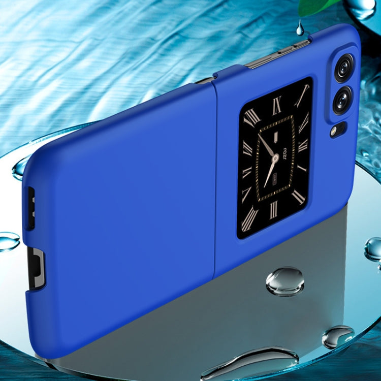 Blue phone case for Moto Razr 2022 with rectangular clock design and camera cutouts
