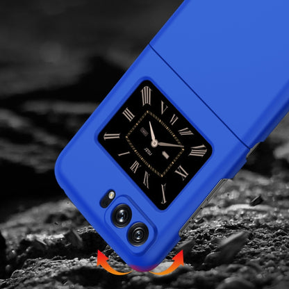 Blue phone case for Moto Razr 2022 with raised clock design and corner impact arrows