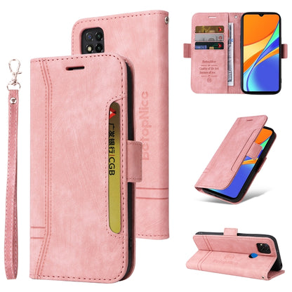 Pink leather wallet phone case with wrist strap, card slots, flip stand
