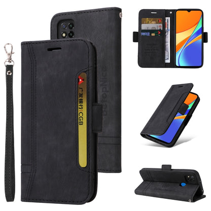 Black leather phone folio case with wrist strap, side buckle, card slots, and stand
