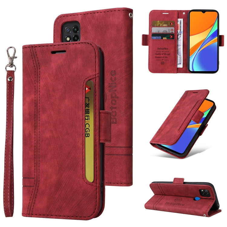 Red dual-side buckle leather phone wallet case with wrist strap and card slots