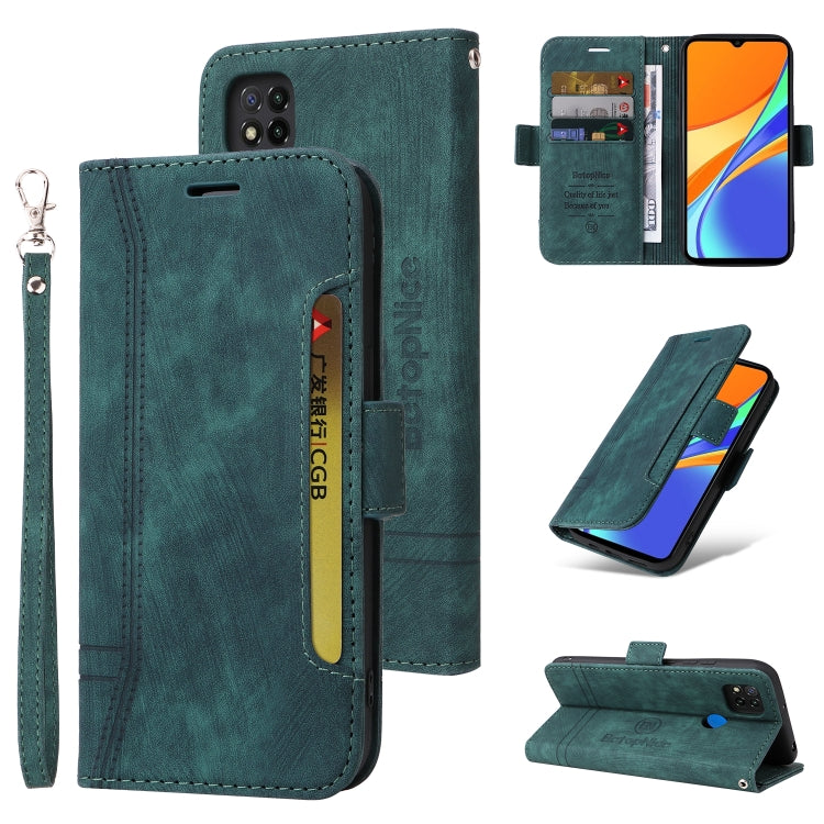 Green leather dual-side buckle phone case with wrist strap, card slot, and stand