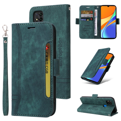 Green leather dual-side buckle phone case with wrist strap, card slot, and stand