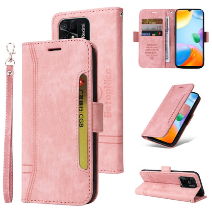 Pink dual-side buckle phone case with wrist strap, card slots, and flip cover