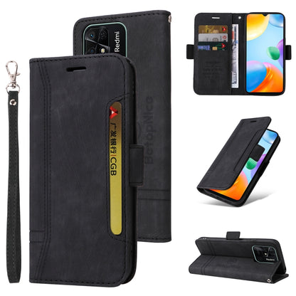 Black leather phone case with wrist strap, side buckle, card slots, and flip stand cover