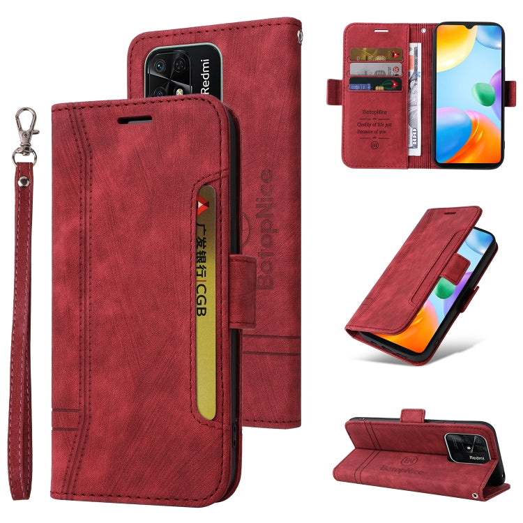 Red dual-side buckle leather phone wallet with wrist strap and card holder window