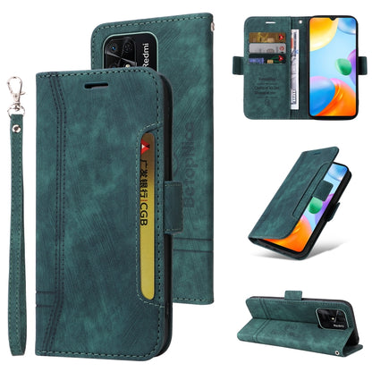 Green leather flip phone case with dual-side buckle, wrist strap, card slot, and stand