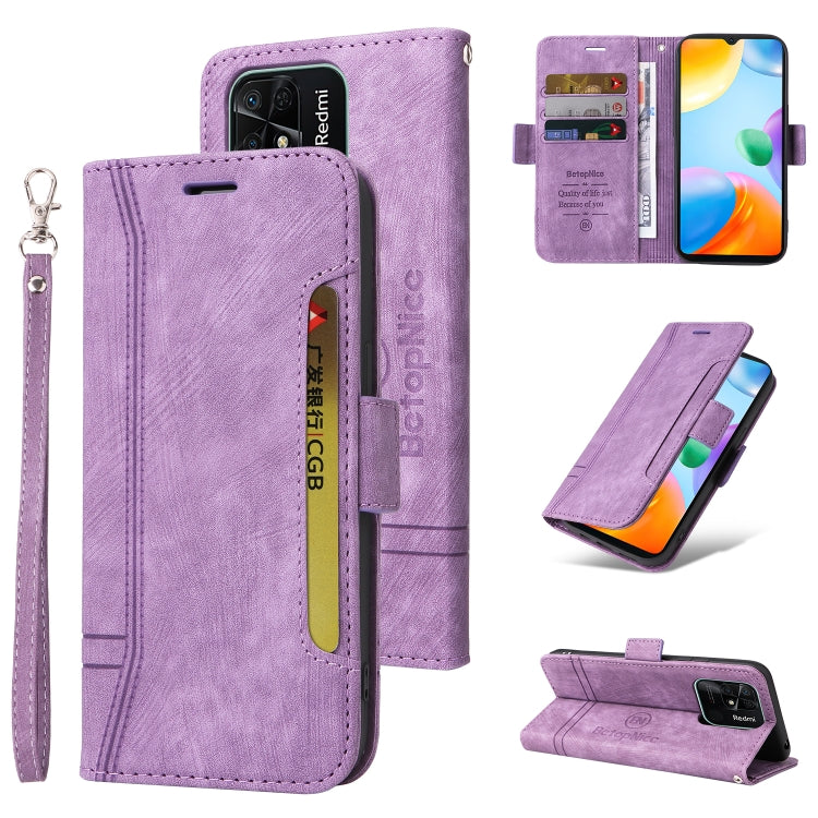 Lavender dual-side buckle leather phone case with flip cover, card slots, and wrist strap