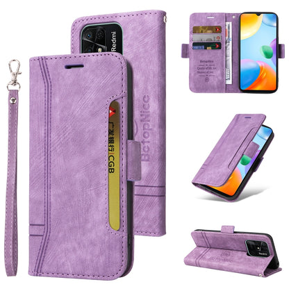 Lavender dual-side buckle leather phone case with flip cover, card slots, and wrist strap