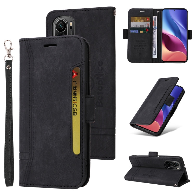 Black leather phone folio case with wrist strap, side buckle, card slots, and flip cover