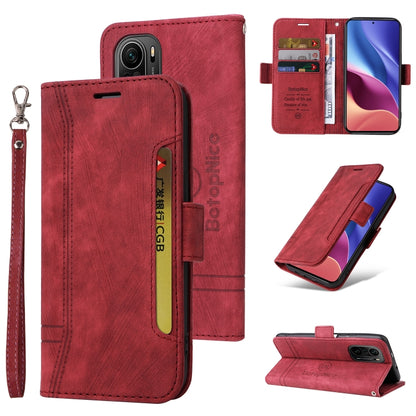 Red dual-side buckle leather phone wallet case with wrist strap and magnetic flap