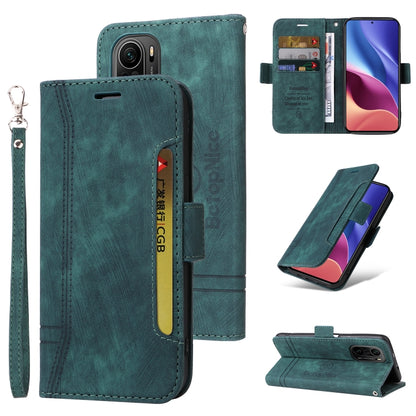 Green leather dual-side buckle phone case with wrist strap and card slot, stand view