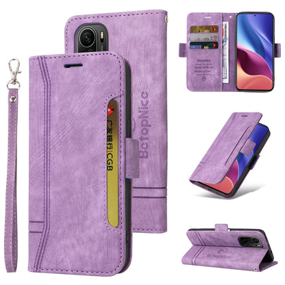 Lavender dual-side buckle leather phone case with flip cover, card slots, and wrist strap