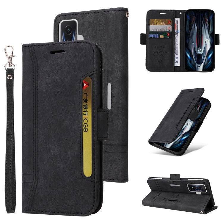 Black leather phone folio case with wrist strap, side buckle, card slots, and kickstand