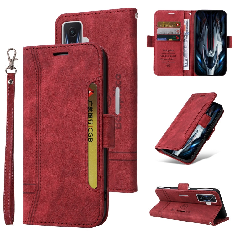 Red dual-side buckle leather phone wallet with wrist strap and side access opening