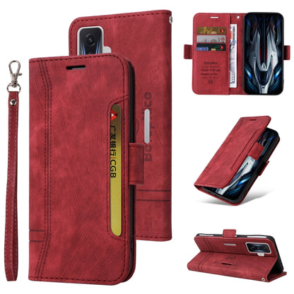 Red dual-side buckle leather phone wallet with wrist strap and side access opening