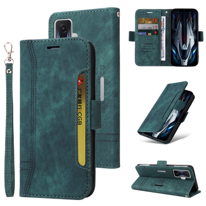 Green leather phone case with dual-side buckle, wrist strap, and card slot
