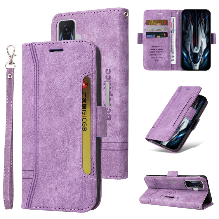 Lavender dual-side buckle leather phone case with flip cover, card slots, and wrist strap