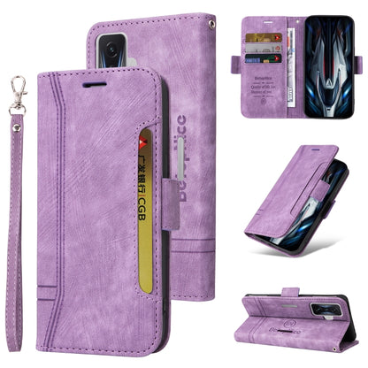 Lavender dual-side buckle leather phone case with flip cover, card slots, and wrist strap