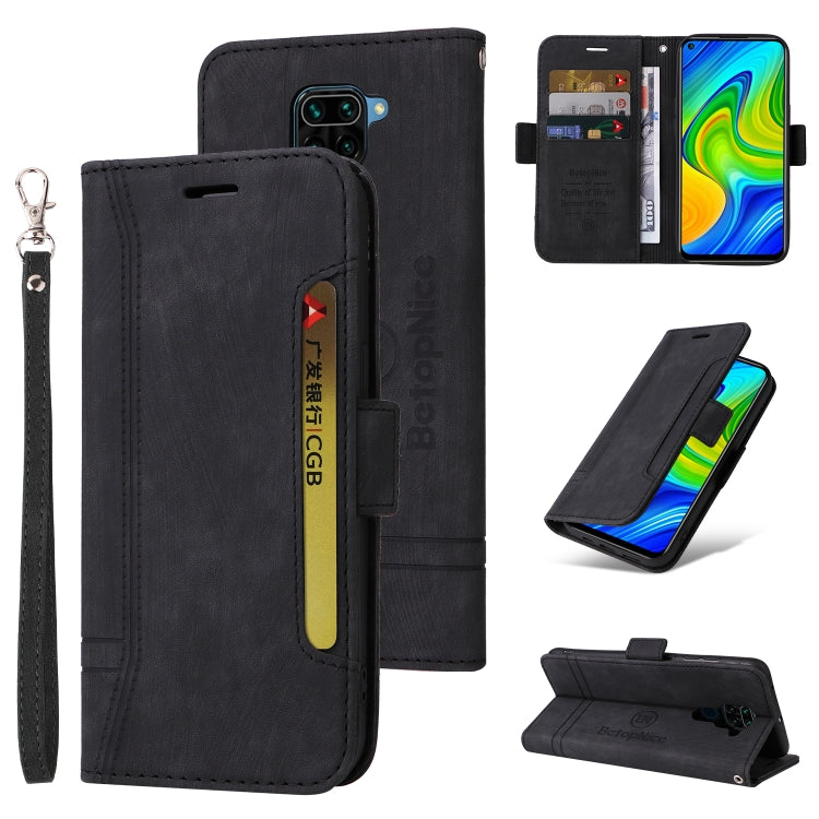 Black leather phone folio case with wrist strap, side buckle, card slots, and stand