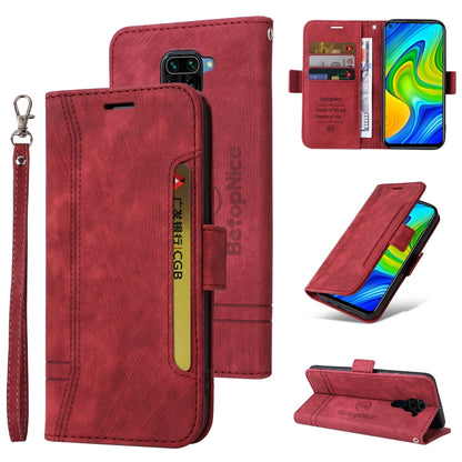 Red dual-side buckle leather phone case with wrist strap and front card slot