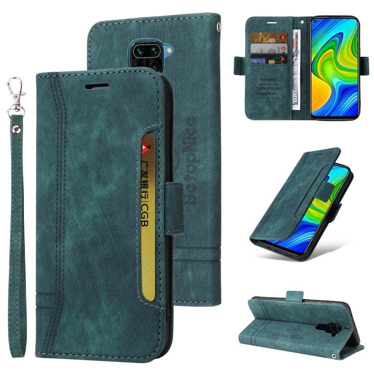 Green leather dual-side buckle phone case with wrist strap, card slot, and flip stand