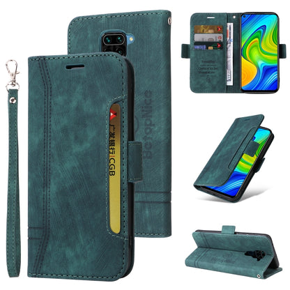 Green leather dual-side buckle phone case with wrist strap, card slot, and flip stand