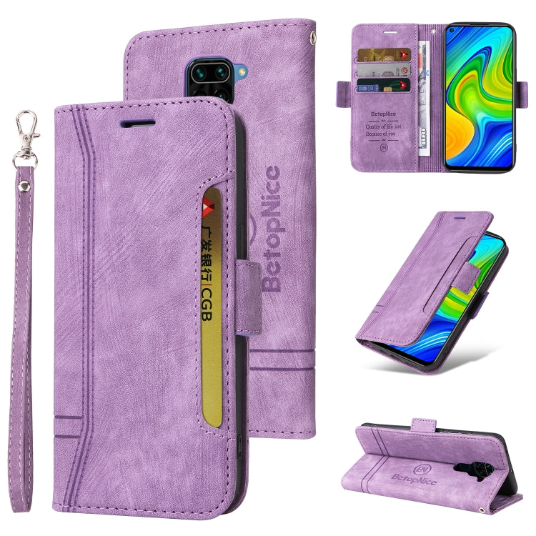 Lavender dual-side buckle leather phone case with flip cover, card slots, and wrist strap