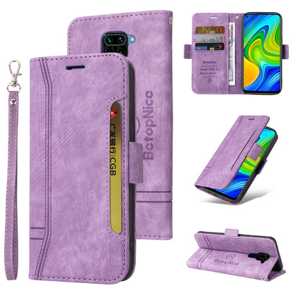 Lavender dual-side buckle leather phone case with flip cover, card slots, and wrist strap