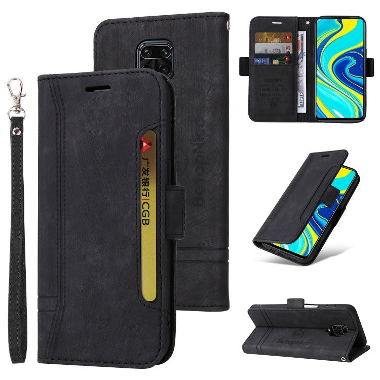 Black leather phone folio case with wrist strap, side buckle, card slots, and flip stand