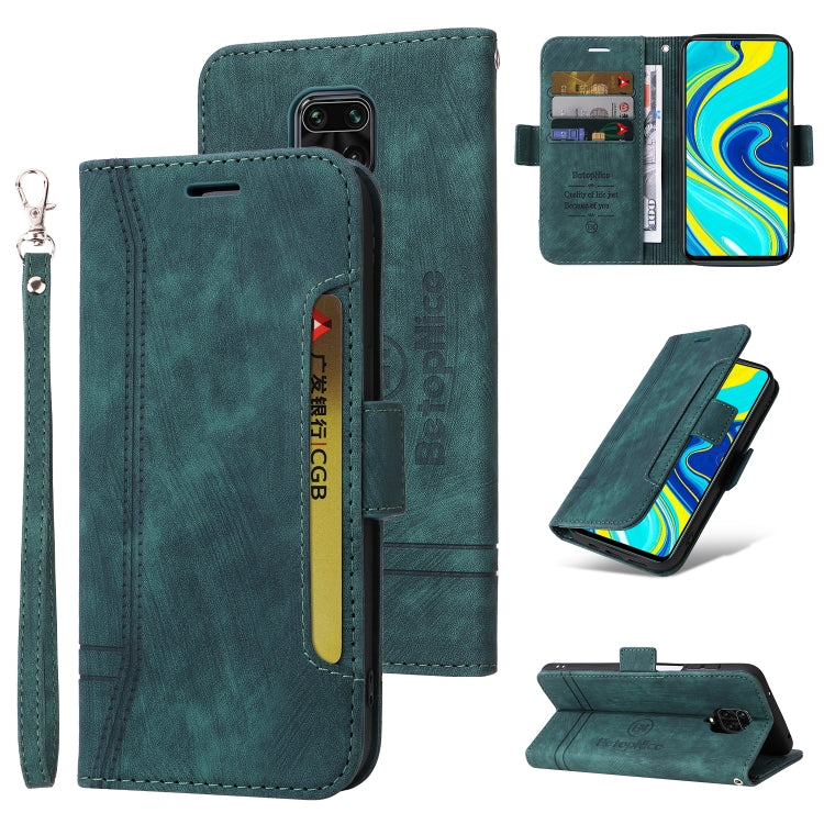 Green leather flip phone case with dual-side buckle, wrist strap, and card slot