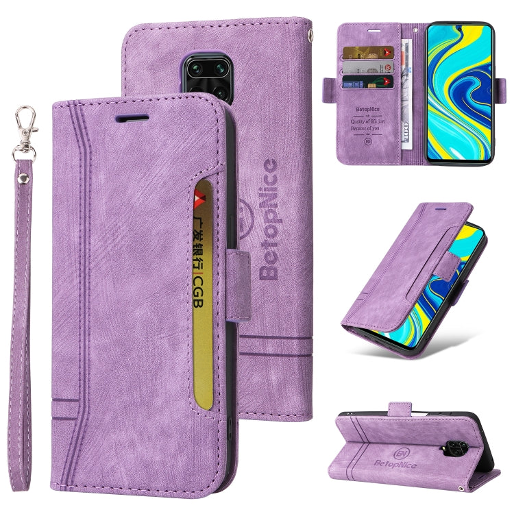 Lavender dual-side buckle leather phone case with flip cover, card slots, and wrist strap