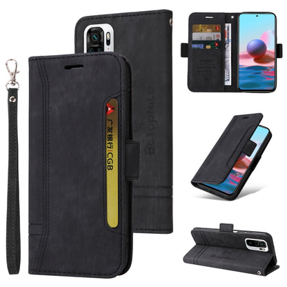 Black leather wallet phone case with wrist strap, card slots, and magnetic buckle closure.