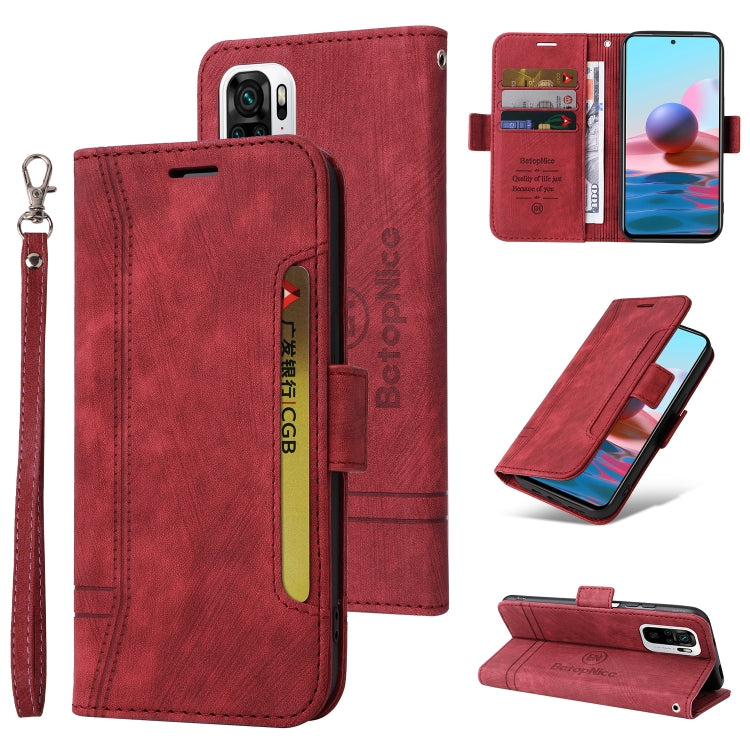 Red dual-side buckle leather phone wallet case with wrist strap and card holder