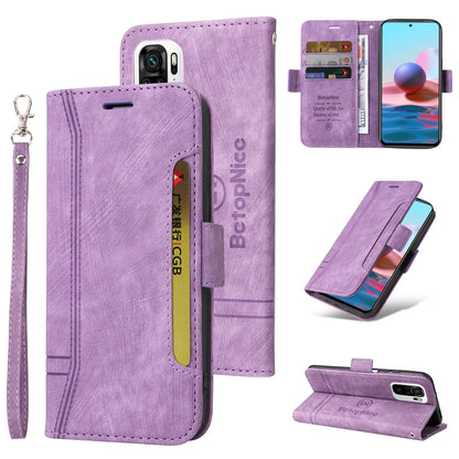 Lavender dual-side buckle leather phone case with flip cover, card slots, and wrist strap