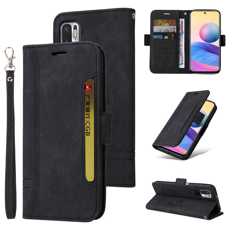 Black leather phone case with side card pocket and wrist strap; front cover flap open.