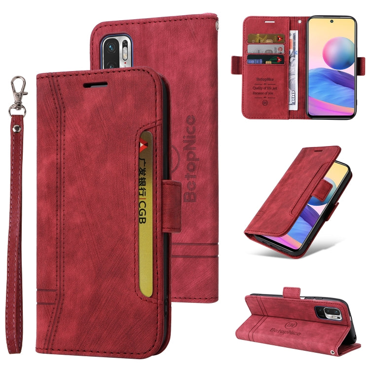 Red leather flip phone case with dual-side buckle, card slot, and wrist strap