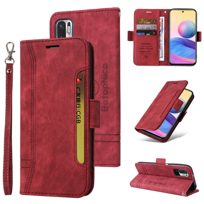 Red leather flip phone case with dual-side buckle, card slot, and wrist strap