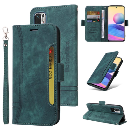 Green leather dual-side buckle phone case with wrist strap and card slot, flip open