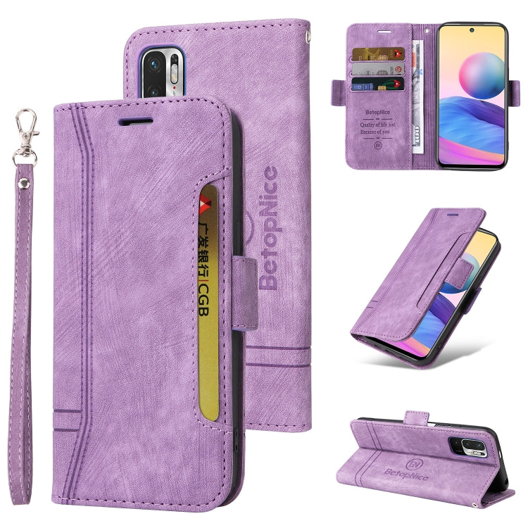 Lavender dual-side buckle leather phone case with flip cover, card slots, and wrist strap