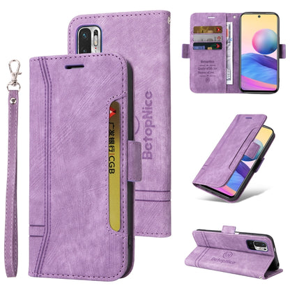 Lavender dual-side buckle leather phone case with flip cover, card slots, and wrist strap