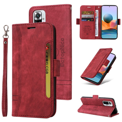 Red leather folio phone case with buckle closure, card slot, and wrist strap