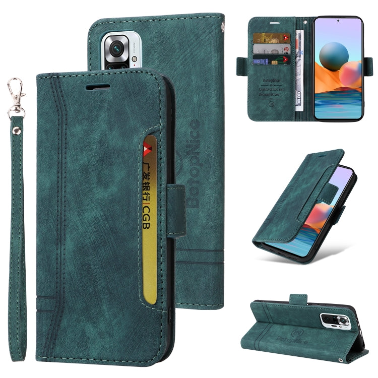 Teal leather dual-side buckle phone case with folio cover, card slots, and key ring