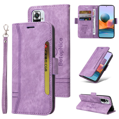 Lavender dual-side buckle leather phone case with flip cover, card slots, and wrist strap