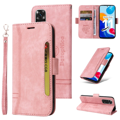 Pink leather phone case with wrist strap, dual-side buckle, card slots, front cover.