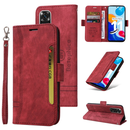 Red leather flip phone case with buckle, card pocket, and wrist strap